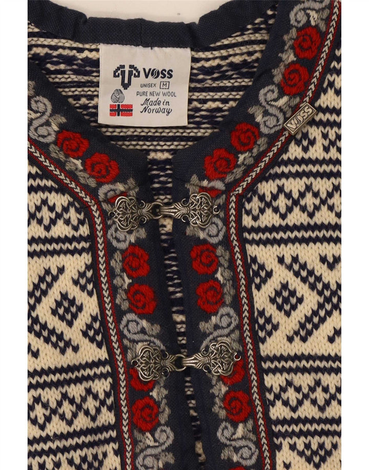 Voss Męski sweter unisex z dekoltem w kształcie litery V, średni, złamanej bieli, wełna Fair Isle