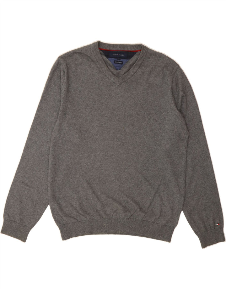 TOMMY HILFIGER Mens V-Neck Jumper Sweater Medium Grey Cotton Vintage Tommy Hilfiger and Second-Hand Tommy Hilfiger from Messina Hembry 