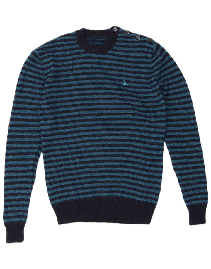JACK WILLS Męski sweter z okrągłym dekoltem, mały, wełniany granatowy w paski