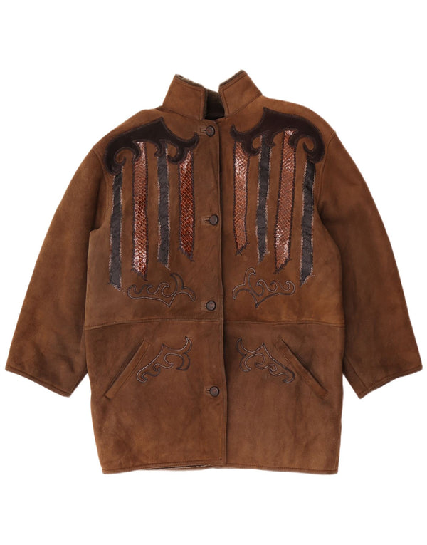 Vintage damski płaszcz z baraniny trachten EU 44 XL brązowy nadruk zwierzęcy