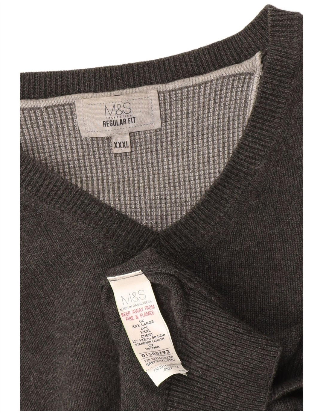 Marks & Spencer Męski sweter o regularnym kroju z dekoltem w kształcie litery V, 3XL, szara bawełna