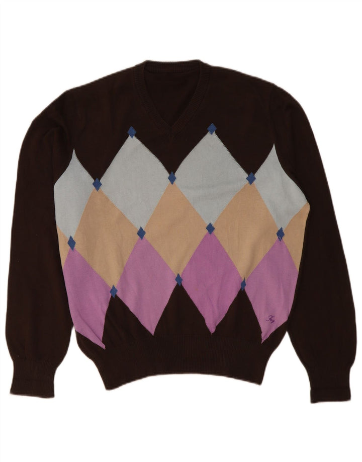 Męski sweter Fay z dekoltem w kształcie litery V, duży brązowy Argyle/Diament