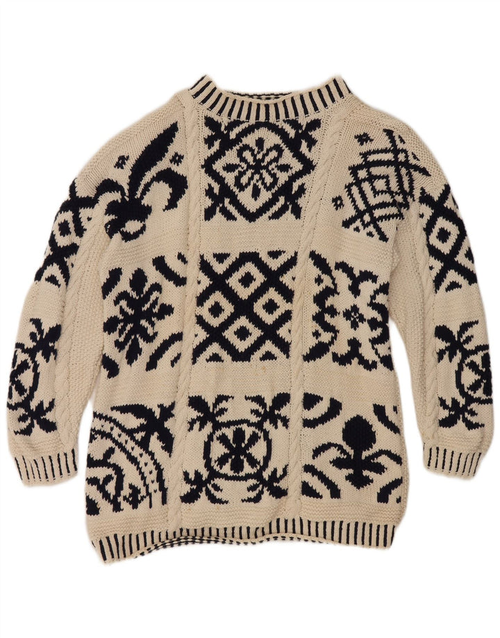 Sweter damski w stylu vintage z golfem EU 38, średni, złamany biały geometryczny