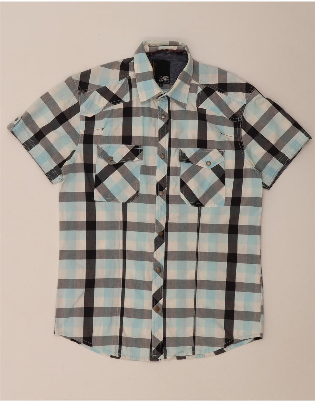 Koszula męska z krótkim rękawem Jack & Jones, bawełniana w średnią turkusową kratkę