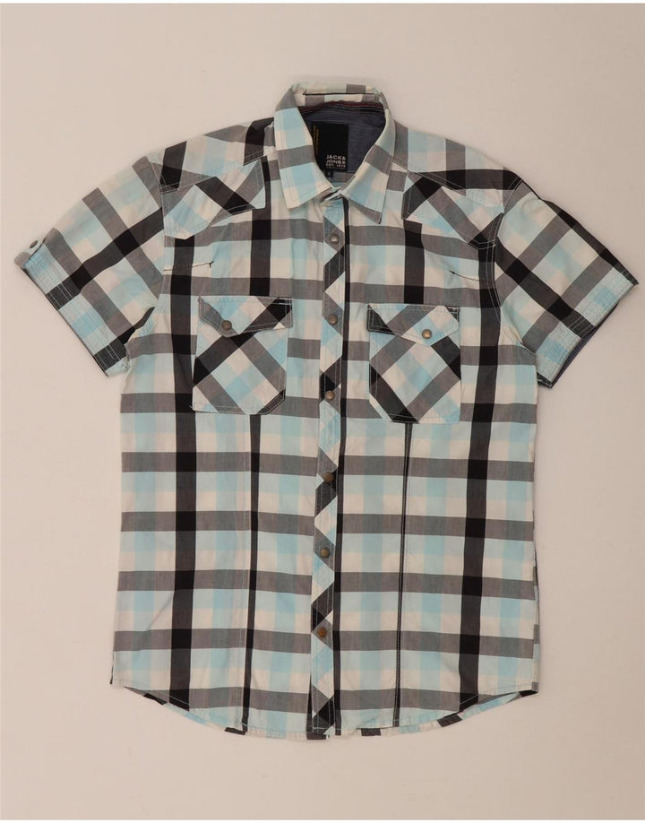 Koszula męska z krótkim rękawem Jack & Jones, bawełniana w średnią turkusową kratkę