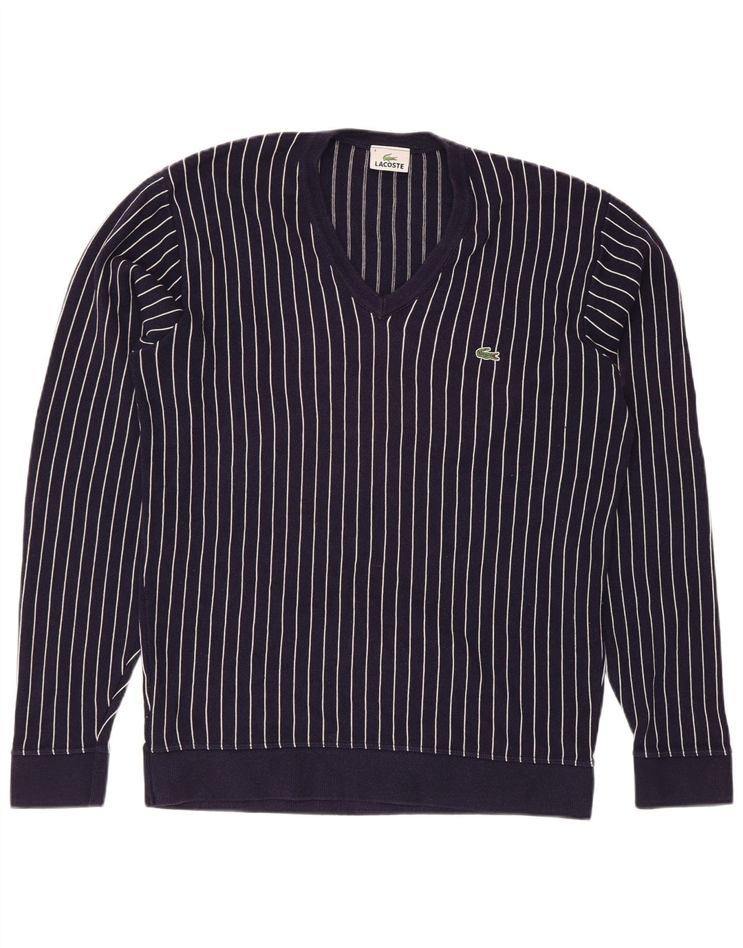 Męski sweter Lacoste z dekoltem w kształcie litery V, rozmiar 4, średni granatowy w paski
