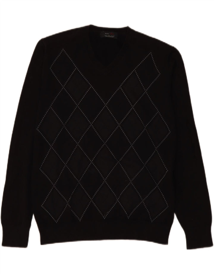 Męski sweter Zara z dekoltem w kształcie litery V, duży, czarny Argyle/Diament