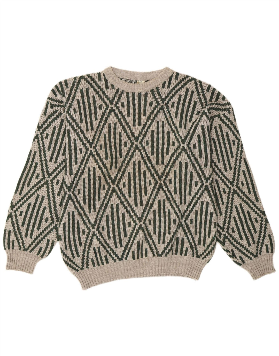 Vintage męski sweter z okrągłym dekoltem, średnio szary, geometryczny akryl