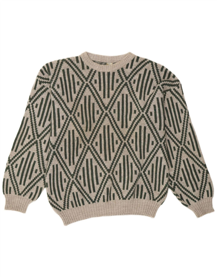 Vintage męski sweter z okrągłym dekoltem, średnio szary, geometryczny akryl