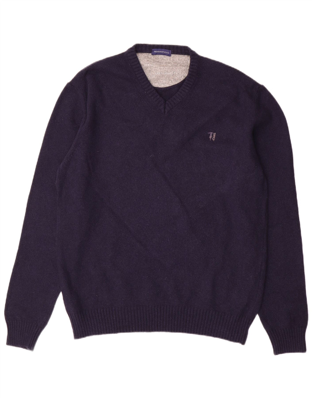 Trussardi Jeans Męski sweter z dekoltem w kształcie litery V, duży, granatowy, wełniany