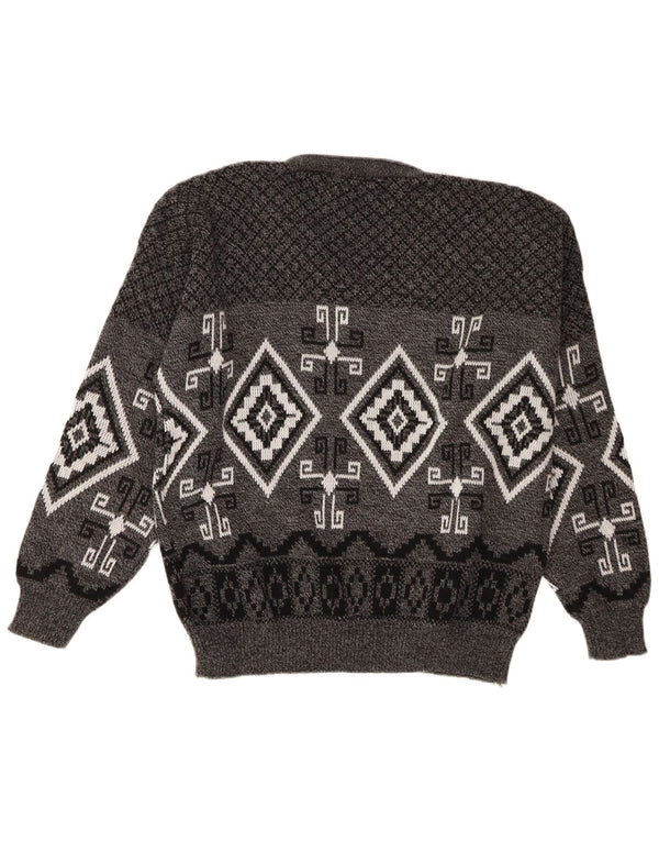 Vintage męski sweter z dekoltem w kształcie litery V, XL, szary, geometryczny akryl