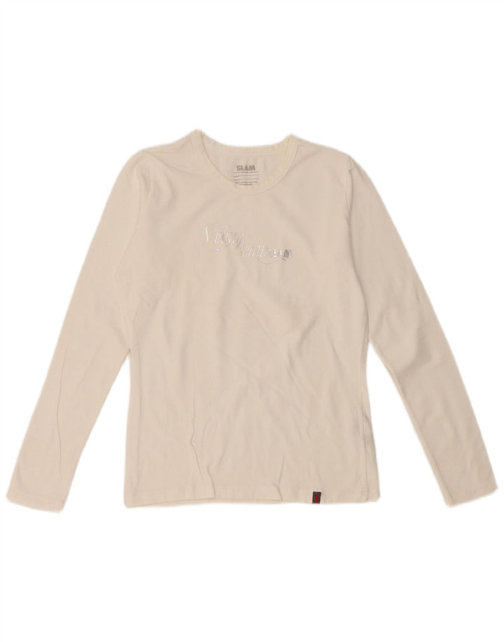 SLAM Womens Graphic Top Long Sleeve UK 10 Small White Cotton