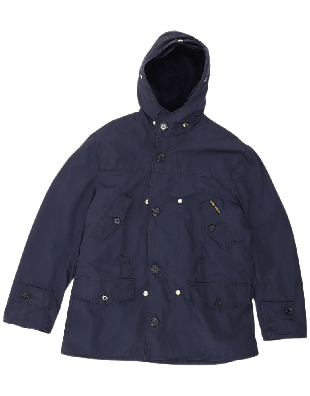 VINTAGE Mens Hooded Windbreaker Jacket IT 48 Medium Navy Blue Polyester Vintage Vintage and Second-Hand Vintage from Messina Hembry 