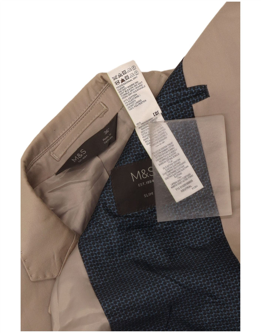 Marks & Spencer Męska marynarka slim fit z 2 guzikami, UK 36, mała beżowa