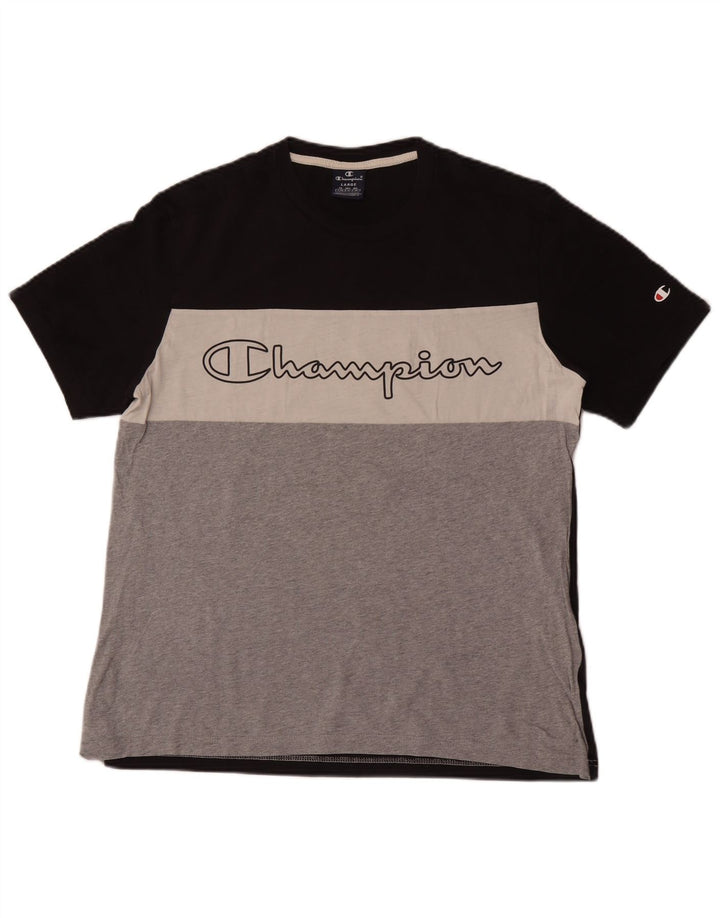 Męski T-shirt Champion z grafiką, duży, wielokolorowy, bawełniany z blokami kolorów