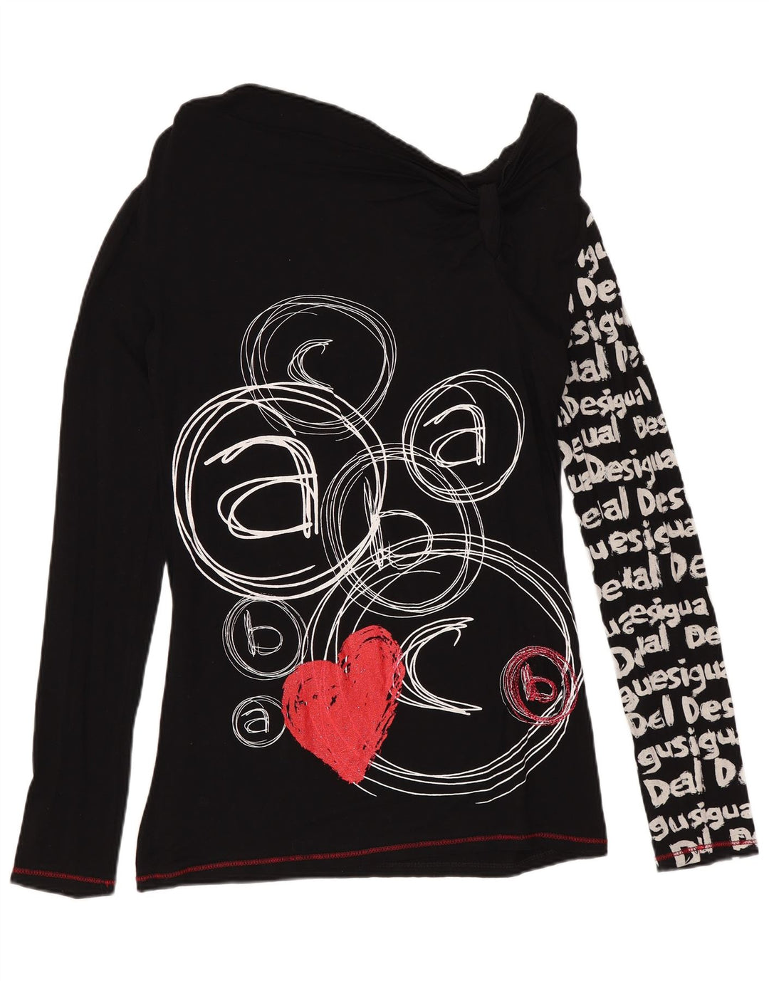 DESIGUAL Damski top z grafiką z odkrytymi ramionami, długim rękawem UK 12, średni czarny