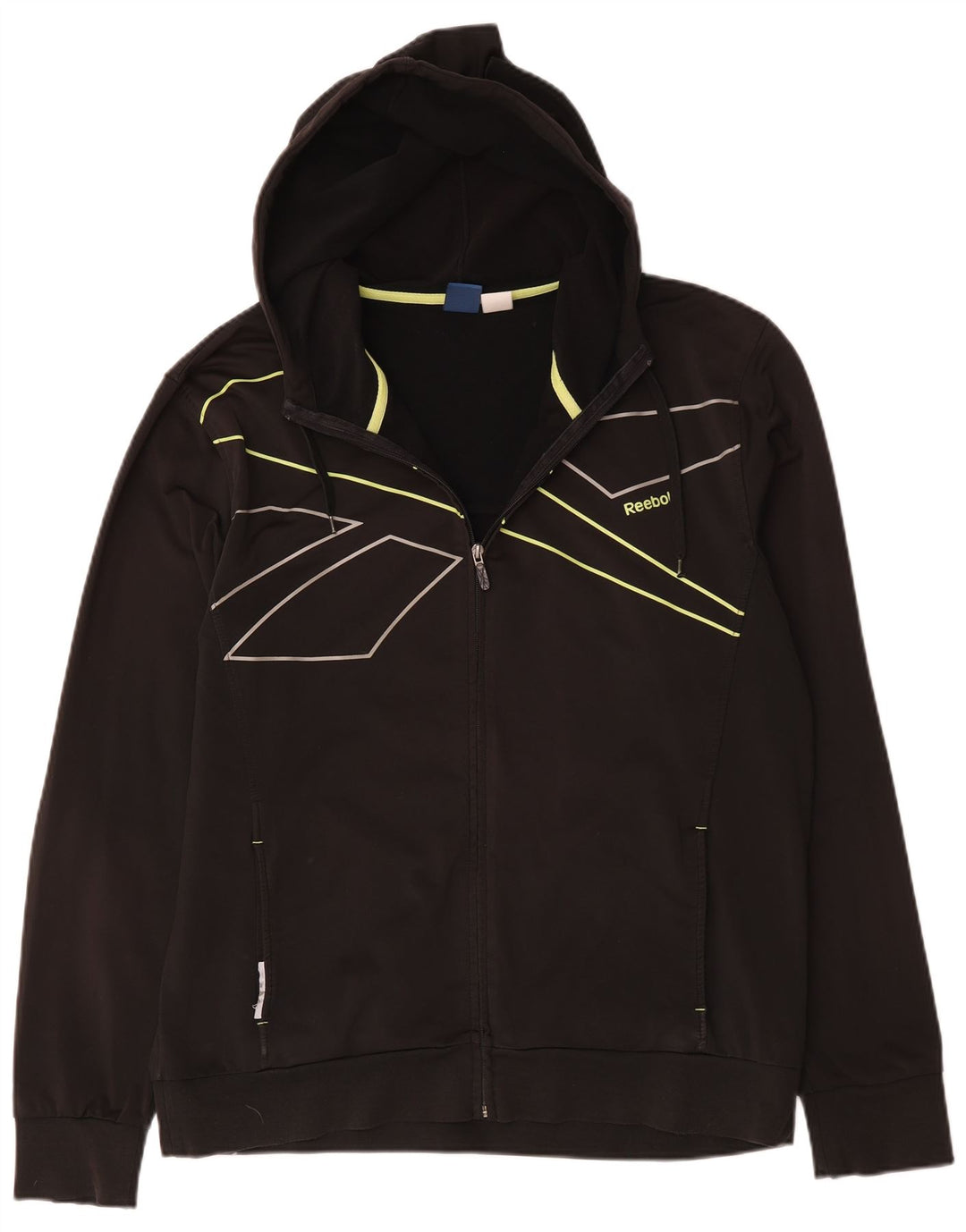 Męski sweter Reebok z grafiką i zamkiem błyskawicznym, duży, czarny, poliestrowy w prążki