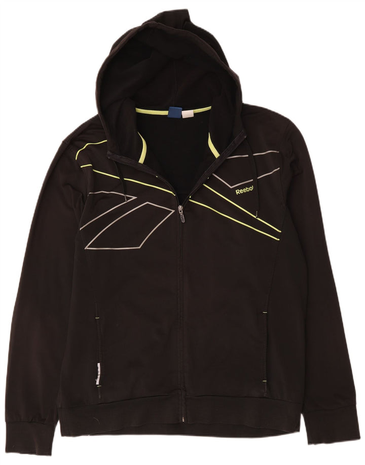 Męski sweter Reebok z grafiką i zamkiem błyskawicznym, duży, czarny, poliestrowy w prążki