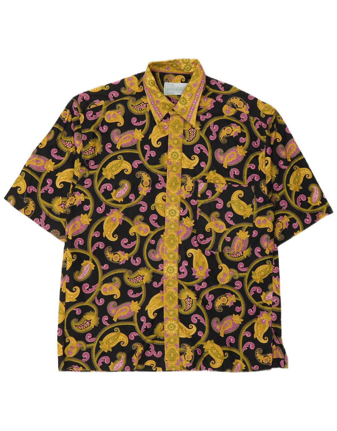 Koszula męska z krótkim rękawem w stylu vintage, średnia czarna bawełna Paisley