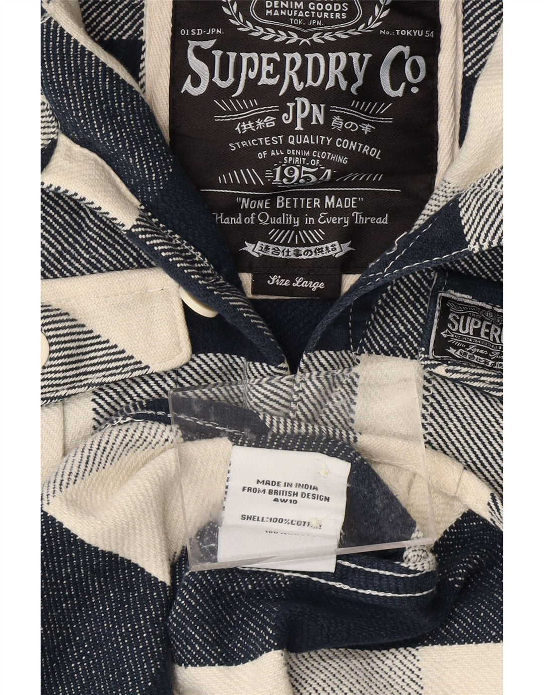 SUPERDRY Boys Hooded Flannel Shirt 15-16 Years Large  Navy Blue Chevron