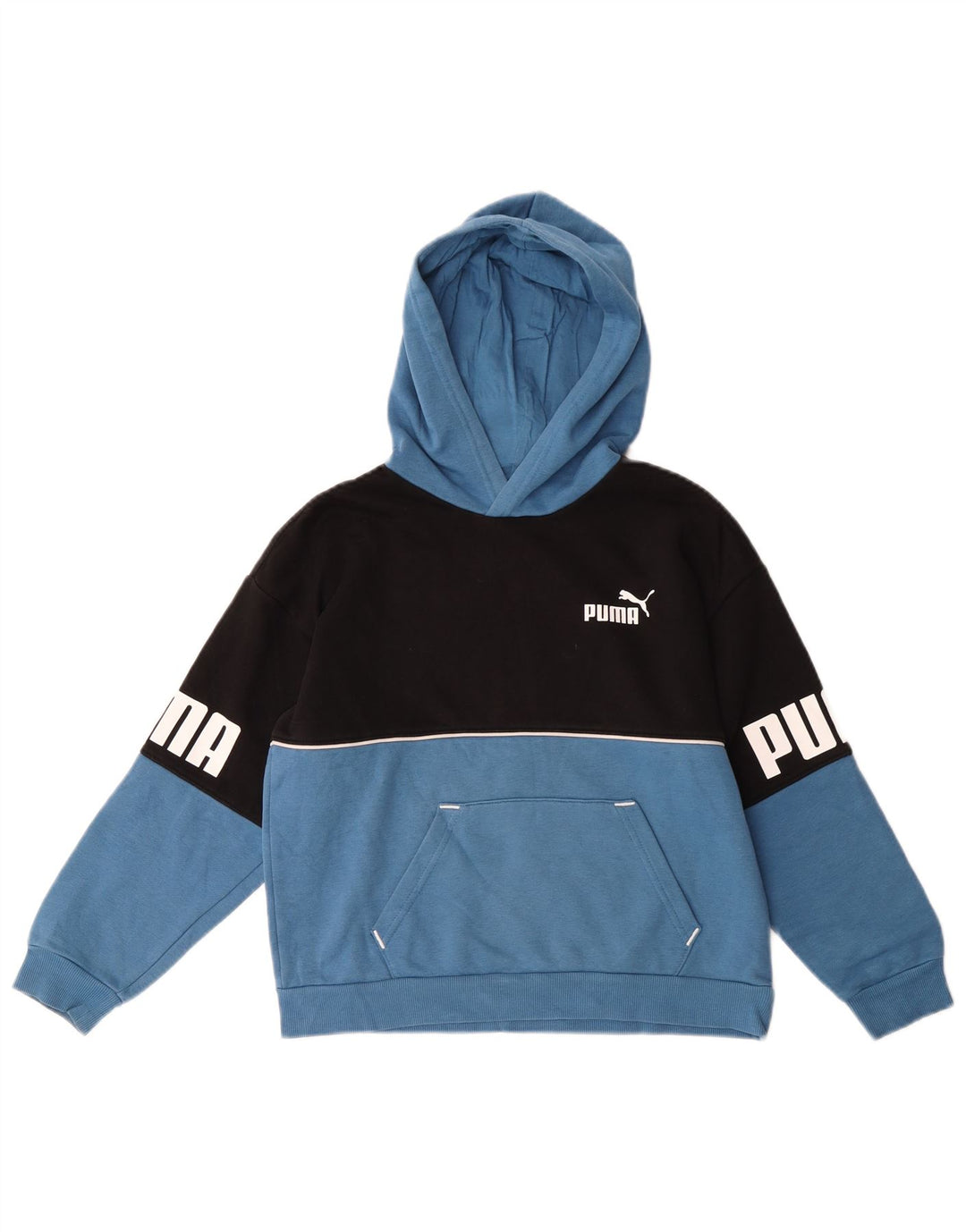 Chłopięcy sweter z kapturem Puma z grafiką 9-10 lat, niebieski, z blokami kolorów