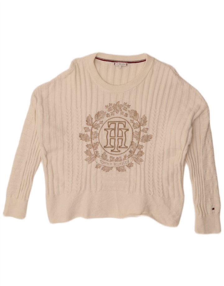 Damski sweter Tommy Hilfiger z graficznym wycięciem pod szyją, UK 14, średni biały