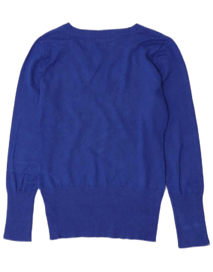 Damski sweter Guess z graficznym dekoltem w kształcie litery V, UK 8, mały niebieski sztuczny jedwab