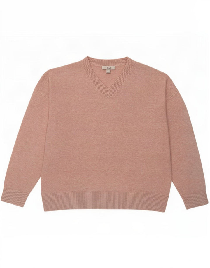 Marks & Spencer Damski sweter z dekoltem w kształcie litery V, UK 16, duży, różowy poliester