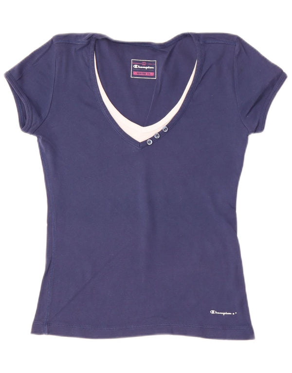 Champion Womens Heritage Fit T-Shirt Top UK 12 Medium Navy Blue Colourblock