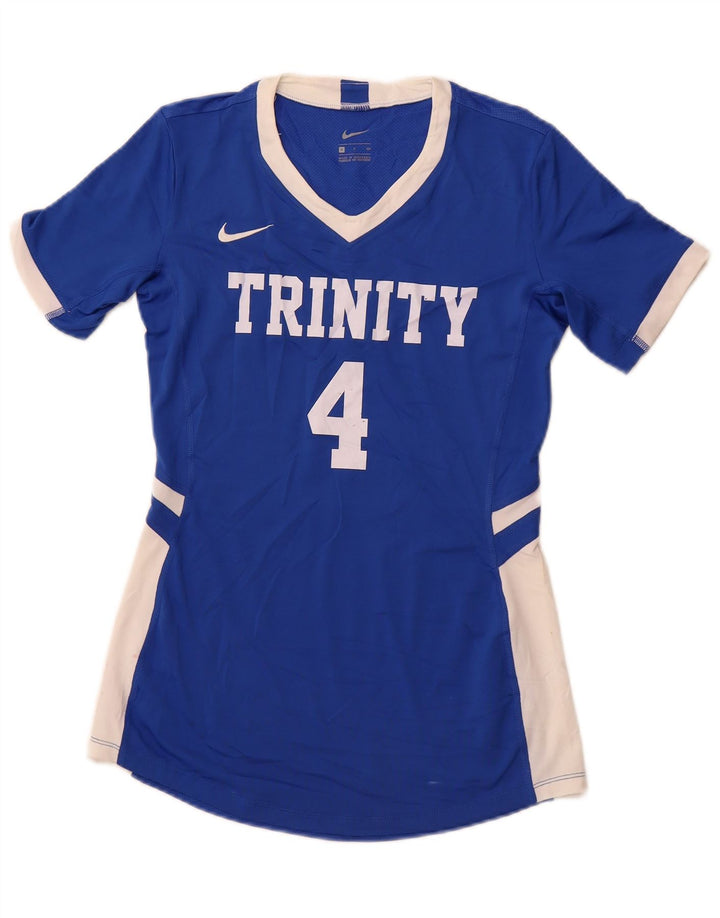 Damska koszulka z grafiką NIKE Top UK 10, mały, niebieski, poliester z blokami kolorów