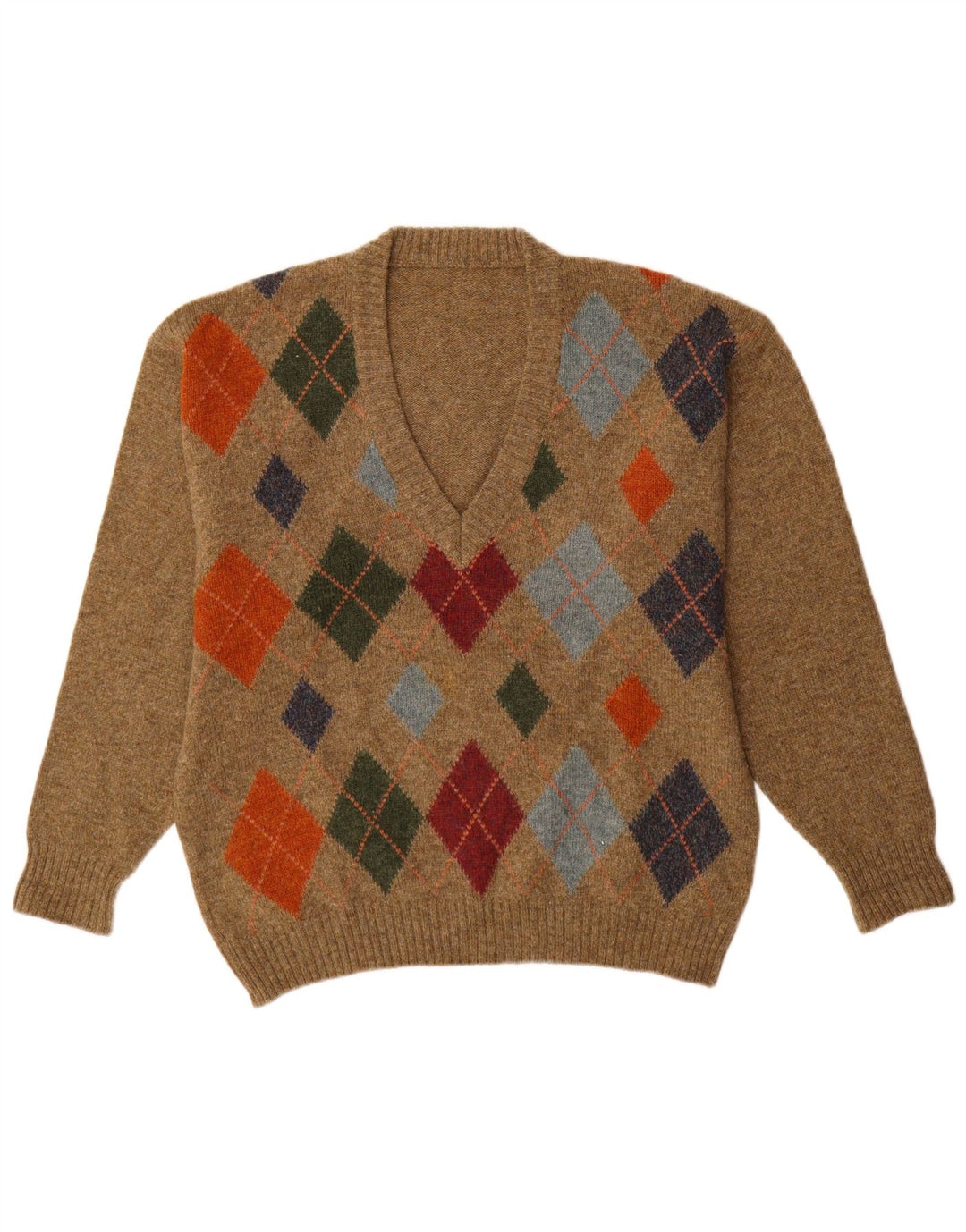Vintage męski sweter z dekoltem w kształcie litery V, średnio brązowy, argyle/diament