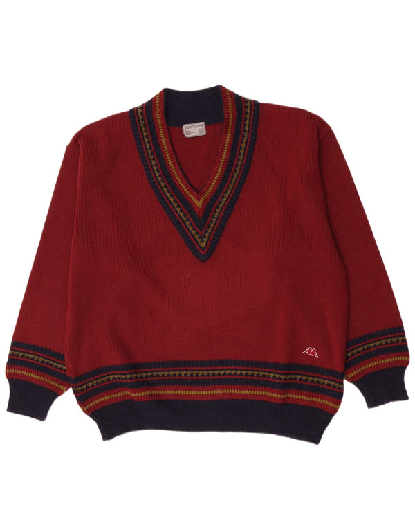 Męski sweter Kappa z dekoltem w kształcie litery V, XL, bordowa, wełniana z blokami kolorów