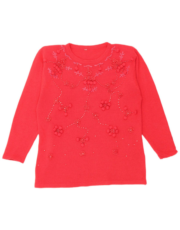 Sweter damski w stylu vintage z dekoltem w łódkę UK 16, duży, czerwony, wełniany w kwiaty