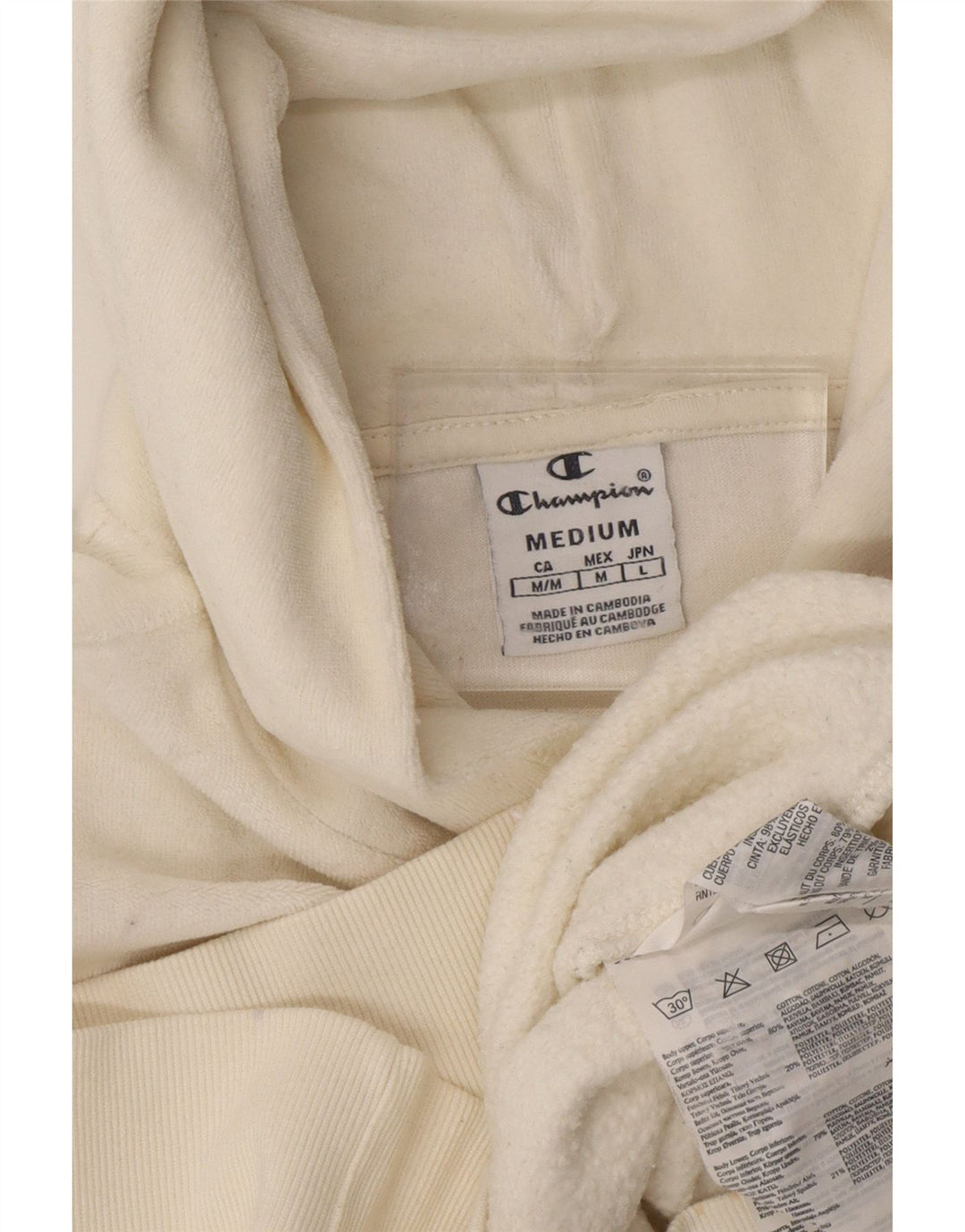 Damski sweter polarowy z kapturem i grafiką CHAMPION UK 14, średni, złamanej bieli, bawełniany