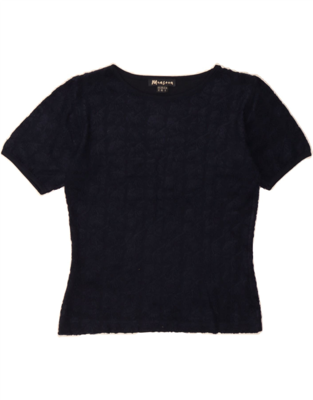 MONSOON Womens Crop Blouse Top UK 12 Medium Navy Blue Floral Viscose Vintage Monsoon and Second-Hand Monsoon from Messina Hembry 