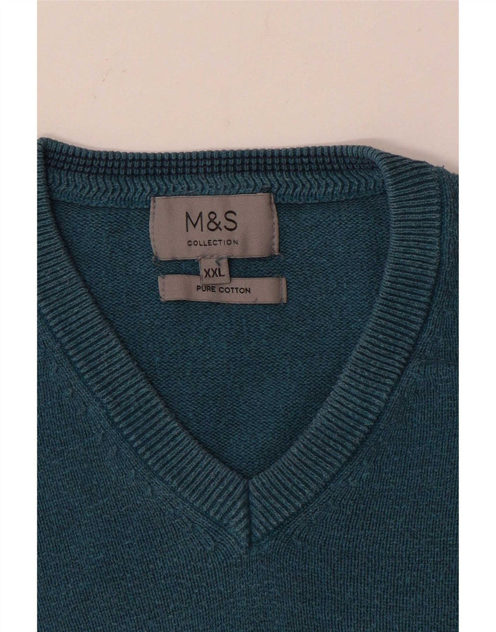Marks & Spencer Męski sweter z dekoltem w kształcie litery V, 2XL, niebieski, bawełniany