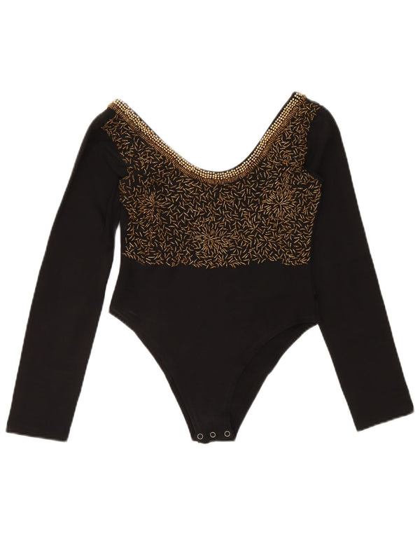 Body damskie z długim rękawem w stylu vintage, UK 12, średnia czarna bawełna