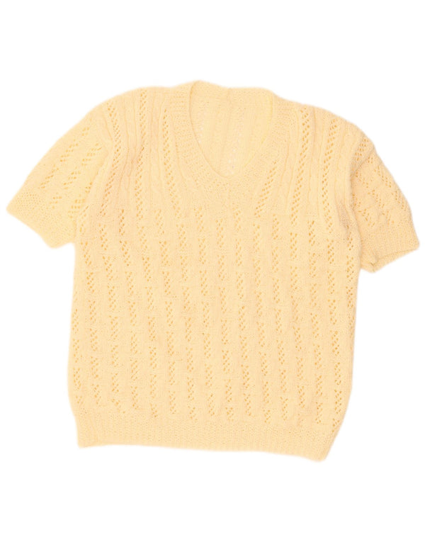 Sweter damski w stylu vintage z krótkim rękawem i dekoltem w kształcie litery V, UK 18 XL, beżowy