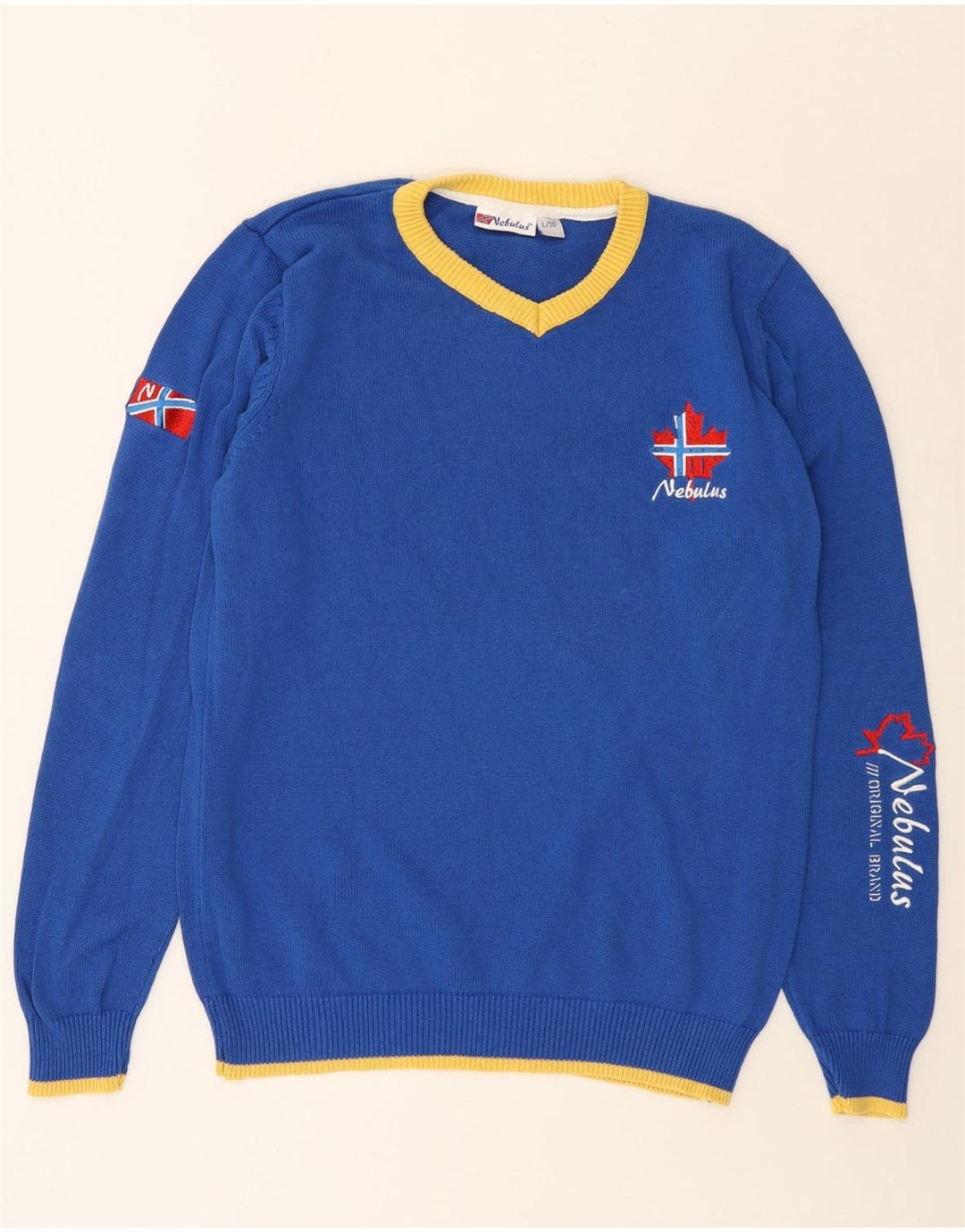 Męski sweter z graficznym dekoltem w serek NEBULUS, duży, niebieski, bawełniany