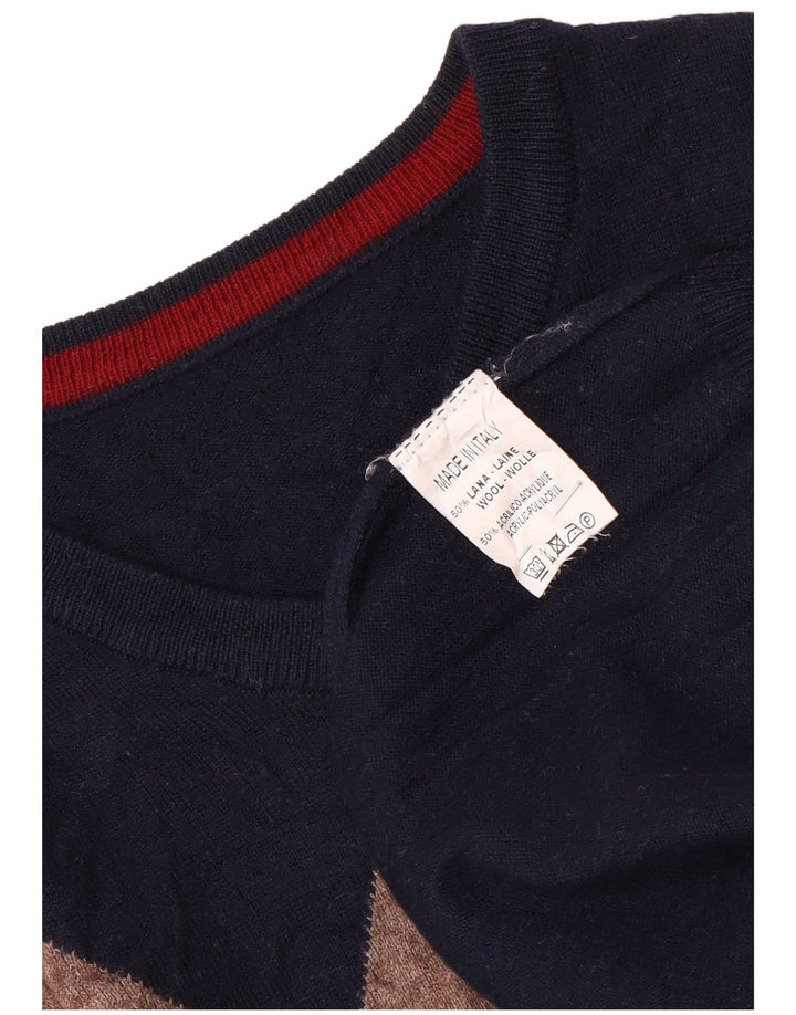 Sweter damski w stylu vintage z dekoltem w szpic UK 14 Średni granatowy Argyle/Diament