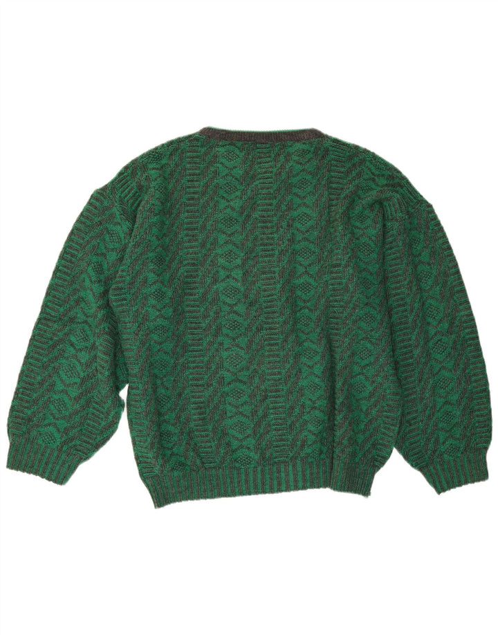 Vintage męski sweter z okrągłym dekoltem, średnio zielony, geometryczny