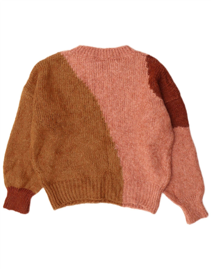 Damski sweter ZARA z okrągłym dekoltem UK 14, średni różowy, akryl z blokami kolorów