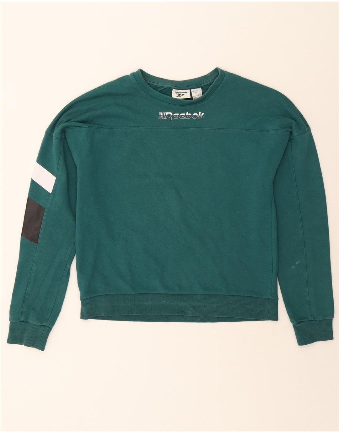 REEBOK Womens Graphic Sweatshirt Jumper UK 12/14 Medium Green Colourblock Vintage Reebok and Second-Hand Reebok from Messina Hembry 
