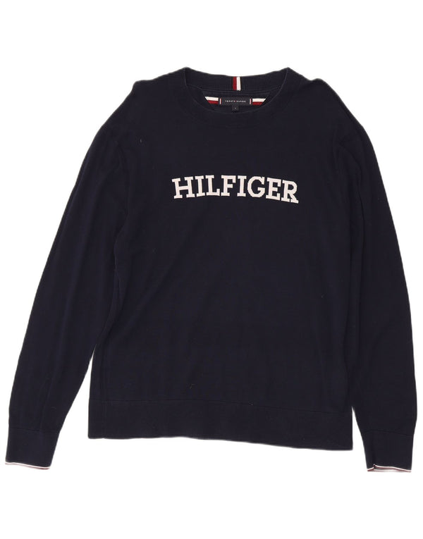 Męski sweter Tommy Hilfiger z graficznym dekoltem w łódkę, duży, granatowy, bawełniany