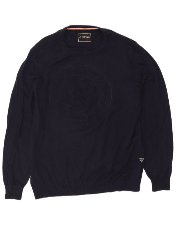 Męski sweter Guess z graficznym dekoltem w łódkę, UK 40, średni granatowy