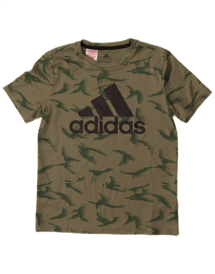 Chłopięcy T-shirt z grafiką ADIDAS na 11-12 lat, zielony, kamuflaż, poliester