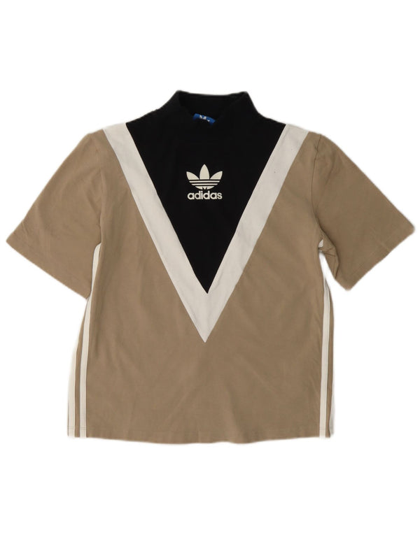 Damska koszulka z grafiką Adidas Top UK 8, mała, beżowa, bawełniana z blokami kolorów