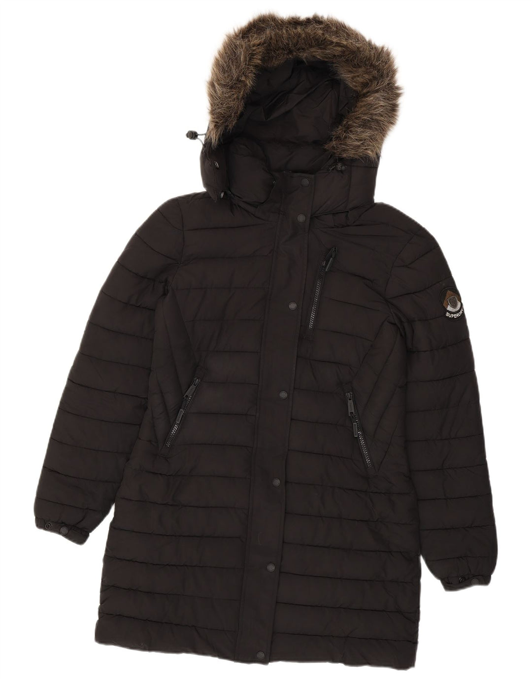 Damski ocieplany płaszcz z kapturem Superdry UK 10, mały, czarny poliester