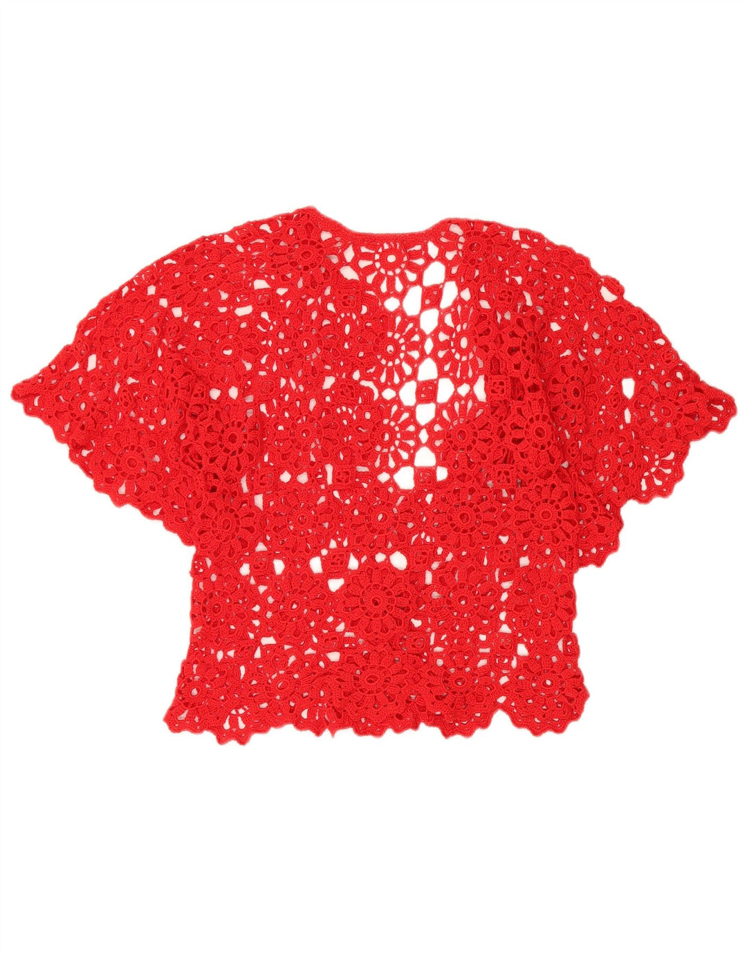 Damski szydełkowy kardigan z krótkim rękawem w stylu vintage, UK 12, średni, czerwony, kwiatowy