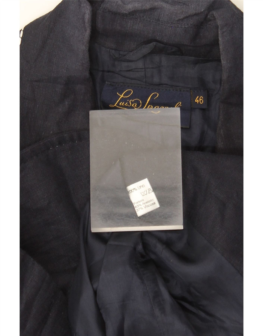 LUISA SPAGNOLI Damska marynarka zapinana na 2 guziki IT 46, duża, granatowa, lniana